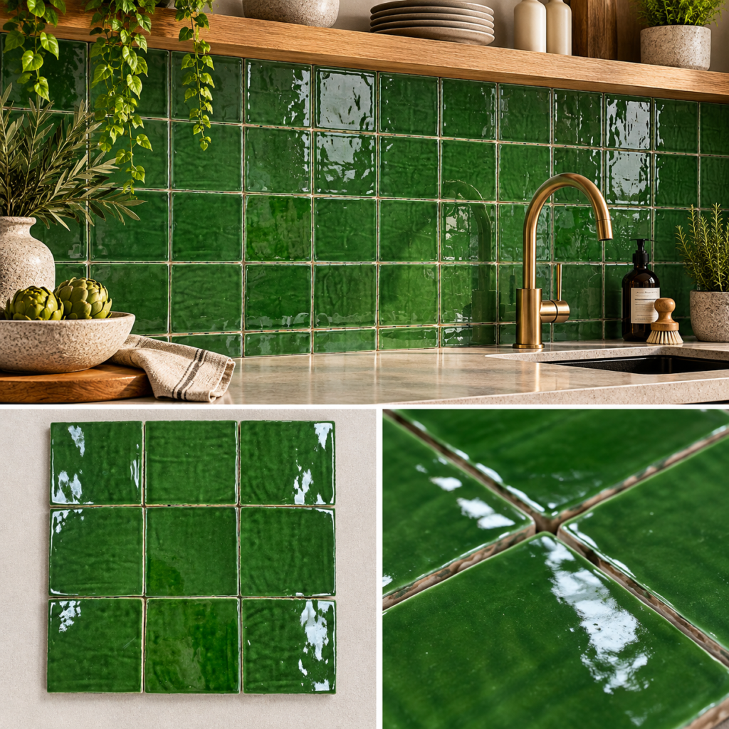 Friese Witjes Kopergroen Hoogglans 13x13 cm Kopergroene handvorm tegels 13x13 cm Friese Witjes Kopergroen als keukenachterwand Groene hoogglans handvorm wandtegels Close-up kopergroene wandtegel 13x13 Kopergroene Friese Witjes hoogglans