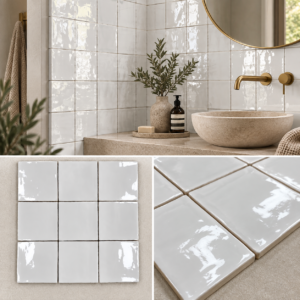 Friese Witjes Handvorm Wit Hoogglans 13x13 cm Witte hoogglans handvorm wandtegels 13x13 cm Friese Witjes Wit Hoogglans in badkamer Close-up witte handvorm tegel hoogglans Witte Friese Witjes als keukenachterwand Hoogglans witte wandtegels 13x13 cm