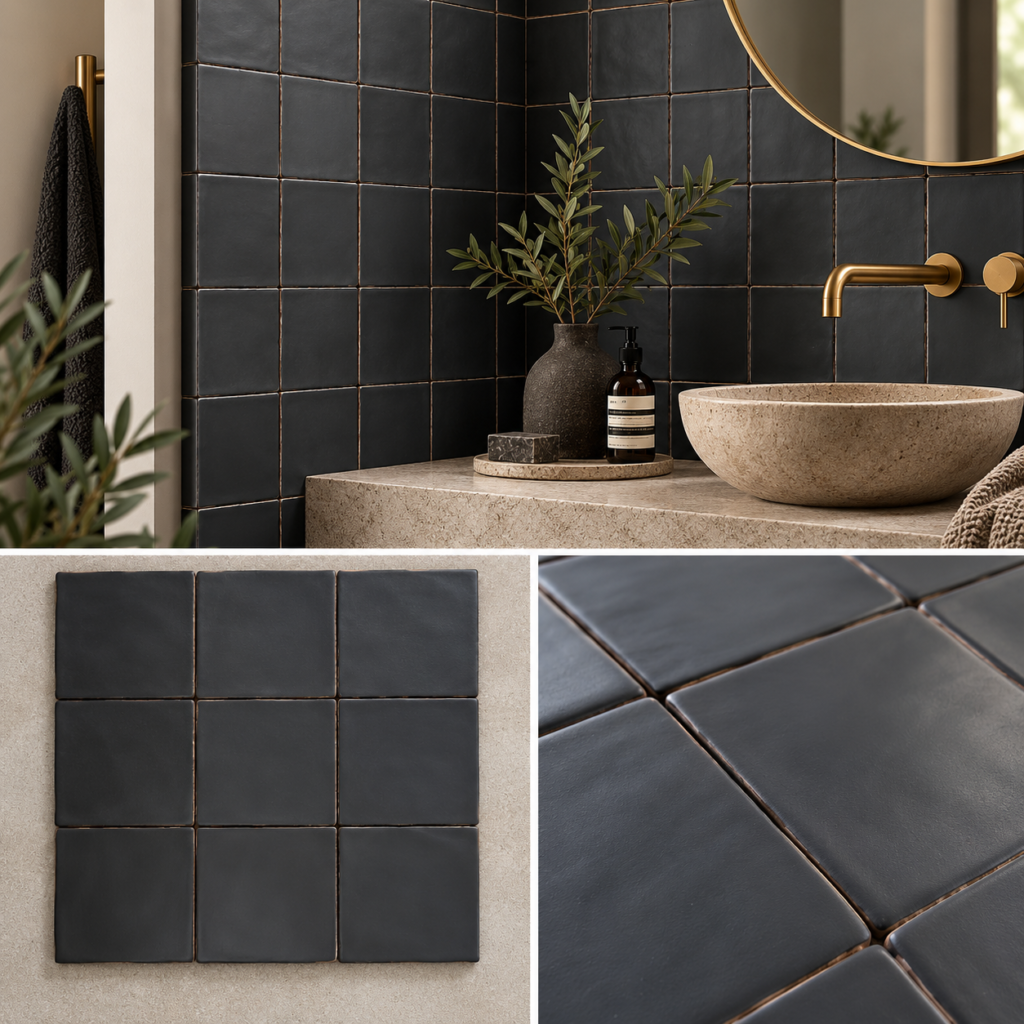 - Friese Witjes Handvorm Mat Zwart 13x13 cm - Zwarte handvorm wandtegels 13x13 cm - Friese Witjes Mat Zwart in badkamer - Close-up mat zwarte handvorm tegel - Zwarte Friese Witjes als keukenachterwand - Matte zwarte wandtegels 13x13 cm