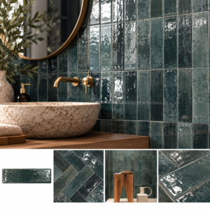 Ragno Look Glossy Avio 6x24 cm groenblauwe glans tegels toegepast op badkamerwand