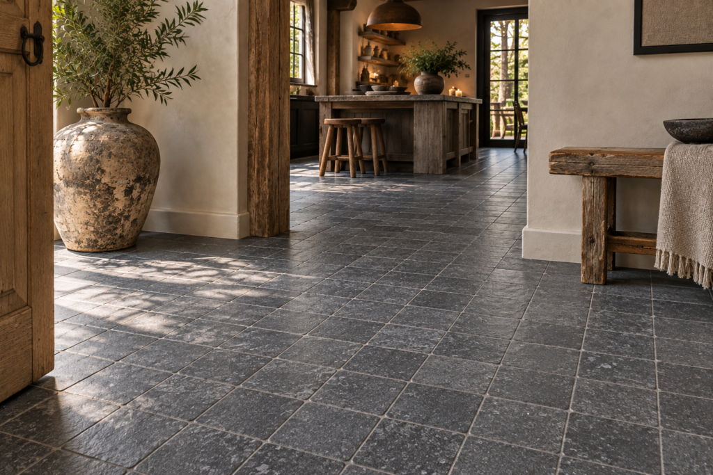 Antraciet getrommeld Belgisch hardsteen look 20x20 cm keramische vloer in authentiek interieur