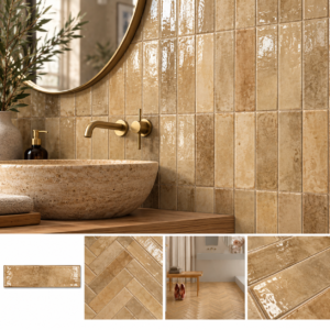 Ragno Look Glossy Beige 6x24 cm beige glans tegels toegepast in badkamer
