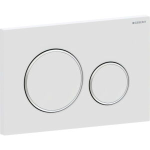 Geberit Sigma20 bedieningspaneel, rond, 2-toets spoeling – Plaat, Toets: wit mat / Easy to clean gecoat; Designring: chroom / Glanzend – 115.882.JT.1