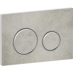 Geberit Sigma50 bedieningspaneel, rond, 2-toets spoeling, metaalkleur verchroomd – Grondplaat, Designring: chroom / Glanzend; Afdekplaat, Toets: betonlook – 115.884.JV.1