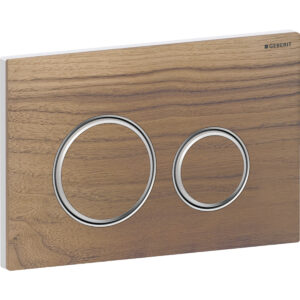 Geberit Sigma50 bedieningspaneel, rond, 2-toets spoeling, metaalkleur verchroomd – Grondplaat, Designring: chroom / Glanzend; Afdekplaat, Toets: amerikaanse walnoot – 115.884.JX.1