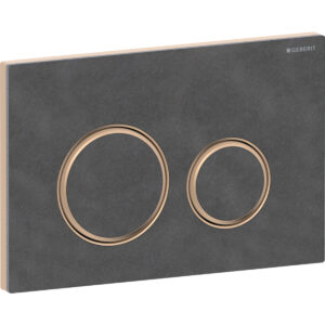Geberit Sigma50 bedieningspaneel, rond, 2-toets spoeling, metaalkleur rood goud – Grondplaat: rood goud / Geborsteld, easy to clean gecoat; Afdekplaat, Toets: Mustang leisteen; Designring: rood goud – 115.650.JM.1