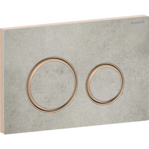 Geberit Sigma50 bedieningspaneel, rond, 2-toets spoeling, metaalkleur rood goud – Grondplaat: rood goud / Geborsteld, easy to clean gecoat; Afdekplaat, Toets: betonlook; Designring: rood goud – 115.650.JV.1