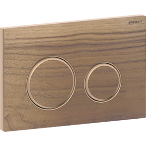 Geberit Sigma50 bedieningspaneel, rond, 2-toets spoeling, metaalkleur rood goud – Grondplaat: rood goud / Geborsteld, easy to clean gecoat; Afdekplaat, Toets: amerikaanse walnoot; Designring: rood goud – 115.650.JX.1