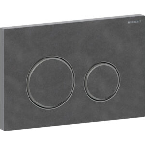 Geberit Sigma50 bedieningspaneel, rond, 2-toets spoeling, metaalkleur zwart chroom – Grondplaat: zwart chroom / Geborsteld, easy to clean gecoat; Afdekplaat, Toets: Mustang leisteen; Designring: zwart chroom – 115.651.JM.1