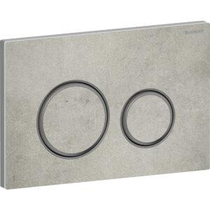 Geberit Sigma50 bedieningspaneel, rond, 2-toets spoeling, metaalkleur zwart chroom – Grondplaat: zwart chroom / Geborsteld, easy to clean gecoat; Afdekplaat, Toets: betonlook; Designring: zwart chroom – 115.651.JV.1