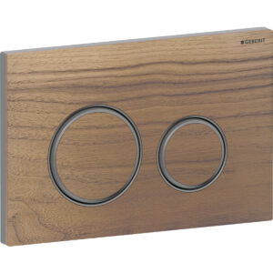 Geberit Sigma50 bedieningspaneel, rond, 2-toets spoeling, metaalkleur zwart chroom – Grondplaat: zwart chroom / Geborsteld, easy to clean gecoat; Afdekplaat, Toets: amerikaanse walnoot; Designring: zwart chroom – 115.651.JX.1
