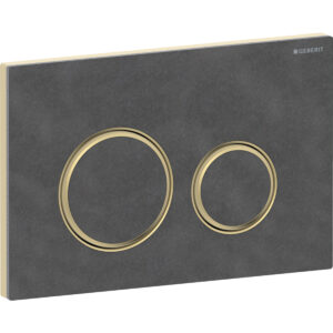 Geberit Sigma50 bedieningspaneel, rond, 2-toets spoeling, metaalkleur messing – Grondplaat: Messing / Geborsteld, easy to clean gecoat; Afdekplaat, Toets: Mustang leisteen; Designring: Messing – 115.652.JM.1