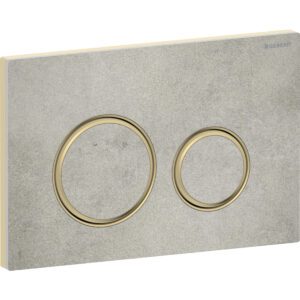 Geberit Sigma50 bedieningspaneel, rond, 2-toets spoeling, metaalkleur messing – Grondplaat: Messing / Geborsteld, easy to clean gecoat; Afdekplaat, Toets: betonlook; Designring: Messing – 115.652.JV.1
