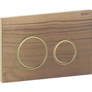 Geberit Sigma50 bedieningspaneel, rond, 2-toets spoeling, metaalkleur messing – Grondplaat: Messing / Geborsteld, easy to clean gecoat; Afdekplaat, Toets: amerikaanse walnoot; Designring: Messing – 115.652.JX.1