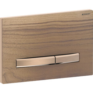 Geberit Sigma50 bedieningspaneel, hoekig, 2-toets spoeling, metaalkleur rood goud – Grondplaat, Toets: rood goud / Geborsteld, easy to clean gecoat; Afdekplaat: amerikaanse walnoot – 115.670.JX.2