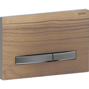 Geberit Sigma50 bedieningspaneel, hoekig, 2-toets spoeling, metaalkleur zwart chroom – Grondplaat, Toets: zwart chroom / Geborsteld, easy to clean gecoat; Afdekplaat: amerikaanse walnoot – 115.671.JX.2