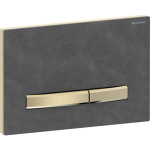 Geberit Sigma50 bedieningspaneel, hoekig, 2-toets spoeling, metaalkleur messing – Grondplaat, Toets: Messing / Geborsteld, easy to clean gecoat; Afdekplaat: Mustang leisteen – 115.672.JM.2