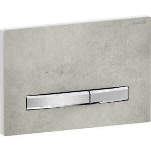 Geberit Sigma50 bedieningspaneel, hoekig, 2-toets spoeling, metaalkleur verchroomd – Grondplaat: chroom / Glanzend; Afdekplaat: betonlook; Toets: chroom / Geborsteld, easy to clean gecoat – 115.788.JV.2