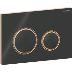 Geberit Sigma50 bedieningspaneel, rond, 2-toets spoeling, metaalkleur rood goud – Grondplaat: rood goud / Geborsteld, easy to clean gecoat; Afdekplaat, Toets: zwart / Glanzend glas; Designring: rood goud – 115.650.SJ.1
