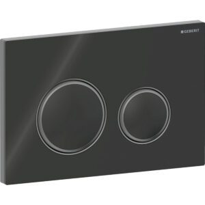 Geberit Sigma50 bedieningspaneel, rond, 2-toets spoeling, metaalkleur zwart chroom – Grondplaat: zwart chroom / Geborsteld, easy to clean gecoat; Afdekplaat, Toets: zwart / Glanzend glas; Designring: zwart chroom – 115.651.SJ.1