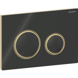 Geberit Sigma50 bedieningspaneel, rond, 2-toets spoeling, metaalkleur messing – Grondplaat: Messing / Geborsteld, easy to clean gecoat; Afdekplaat, Toets: zwart / Glanzend glas; Designring: Messing – 115.652.SJ.1
