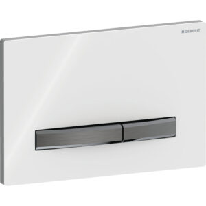 Geberit Sigma50 bedieningspaneel, hoekig, 2-toets spoeling, metaalkleur zwart chroom – Grondplaat, Toets: zwart chroom / Geborsteld, easy to clean gecoat; Afdekplaat: wit / Glanzend – 115.671.11.2