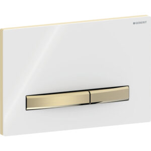 Geberit Sigma50 bedieningspaneel, hoekig, 2-toets spoeling, metaalkleur messing – Grondplaat, Toets: Messing / Geborsteld, easy to clean gecoat; Afdekplaat: wit / Glanzend – 115.672.11.2