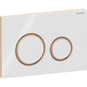 Geberit Sigma50 bedieningspaneel, rond, 2-toets spoeling, metaalkleur rood goud – Grondplaat: rood goud / Geborsteld, easy to clean gecoat; Afdekplaat, Toets: wit / Glanzend glas; Designring: rood goud – 115.650.SI.1
