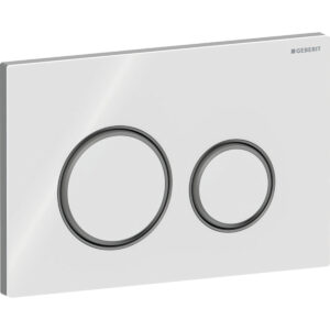 Geberit Sigma50 bedieningspaneel, rond, 2-toets spoeling, metaalkleur zwart chroom – Grondplaat: zwart chroom / Geborsteld, easy to clean gecoat; Afdekplaat, Toets: wit / Glanzend glas; Designring: zwart chroom – 115.651.SI.1