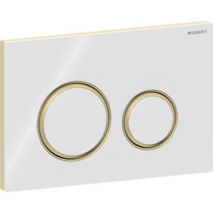Geberit Sigma50 bedieningspaneel, rond, 2-toets spoeling, metaalkleur messing – Grondplaat: Messing / Geborsteld, easy to clean gecoat; Afdekplaat, Toets: wit / Glanzend glas; Designring: Messing – 115.652.SI.1