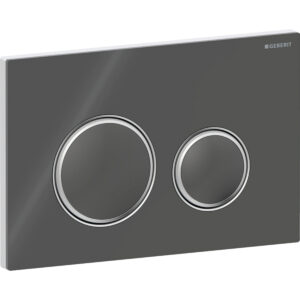 Geberit Sigma50 bedieningspaneel, rond, 2-toets spoeling, metaalkleur verchroomd – Grondplaat, Designring: chroom / Glanzend; Afdekplaat, Toets: lava / Glanzend glas – 115.884.JK.1