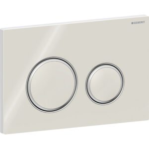 Geberit Sigma50 bedieningspaneel, rond, 2-toets spoeling, metaalkleur verchroomd – Grondplaat, Designring: chroom / Glanzend; Afdekplaat, Toets: zandgrijs / Glanzend glas – 115.884.JL.1
