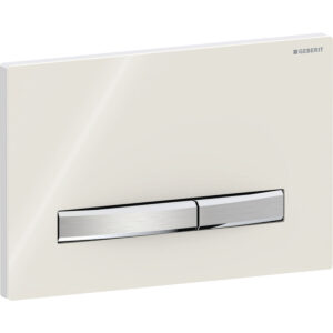 Geberit Sigma50 bedieningspaneel, hoekig, 2-toets spoeling, metaalkleur verchroomd – Grondplaat: chroom / Glanzend; Afdekplaat: zandgrijs / Glanzend glas; Toets: chroom / Geborsteld, easy to clean gecoat – 115.788.JL.2