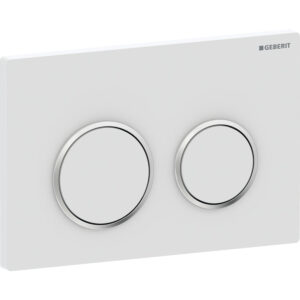 Geberit Omega20 bedieningspaneel, rond, 2-toets spoeling – Plaat, Toets: wit mat / Easy to clean gecoat; Designring: chroom / Glanzend – 115.085.JT.1