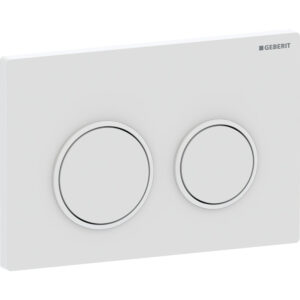 Geberit Omega20 bedieningspaneel, rond, 2-toets spoeling – Plaat, Toets: wit mat / Easy to clean gecoat; Designring: wit / Glanzend – 115.085.01.1