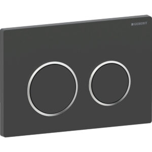 Geberit Omega20 bedieningspaneel, rond, 2-toets spoeling – Plaat, Toets: zwart mat / Easy to clean gecoat; Designring: chroom / Glanzend – 115.085.14.1