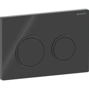 Geberit Omega20 bedieningspaneel, rond, 2-toets spoeling – Plaat, Toets: zwart / Glanzend; Designring: zwart mat – 115.085.DW.1
