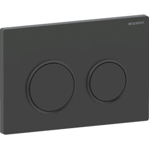 Geberit Omega20 bedieningspaneel, rond, 2-toets spoeling – Plaat, Toets: zwart mat / Easy to clean gecoat; Designring: zwart / Glanzend – 115.085.16.1