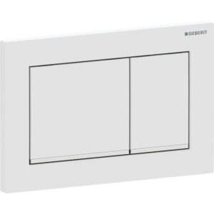 Geberit Omega20 bedieningspaneel, hoekig, 2-toets spoeling – Plaat, Toets: wit mat / Easy to clean gecoat; Designstrook: chroom / Glanzend – 115.080.JT.1