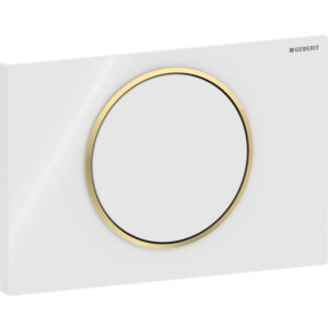 Geberit Sigma10 bedieningspaneel, rond, spoel-stop spoeling – Plaat, Toets: wit / Glanzend; Designring: goudkleurig / Glanzend – 115.758.KK.5