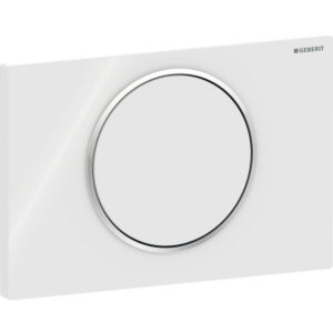Geberit Sigma10 bedieningspaneel, rond, spoel-stop spoeling – Plaat, Toets: wit / Glanzend; Designring: chroom / Glanzend – 115.758.KJ.5