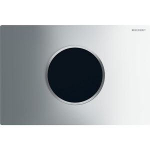 Geberit wc-besturing elektronisch, netvoeding, voor Sigma inbouwreservoir 12 cm, met Sigma10 bedieningspaneel, rond, automatisch / touch-free – Plaat: chroom / Glanzend; Designring: chroom / Mat – 115.907.KH.6