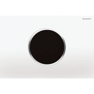 Geberit wc-besturing elektronisch, netvoeding, voor Sigma inbouwreservoir 12 cm, met Sigma10 bedieningspaneel, rond, automatisch / touch-free – Plaat: alpien wit / Glanzend; Designring: chroom / Glanzend – 115.907.KJ.6