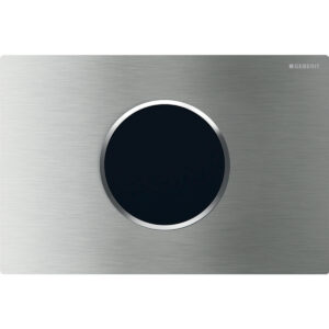 Geberit wc-besturing elektronisch, netvoeding, voor Sigma inbouwreservoir 12 cm, met Sigma10 bedieningspaneel, rond, automatisch / touch-free – Plaat: Geborsteld, easy to clean gecoat; Designring: Gepolijst – 115.907.SN.6