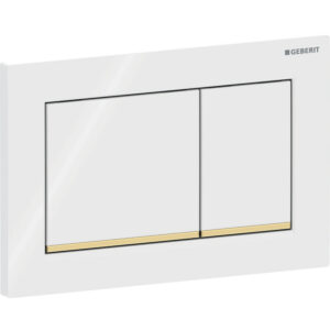 Geberit Omega20 bedieningspaneel, hoekig, 2-toets spoeling – Plaat, Toets: wit / Glanzend; Designstrook: goudkleurig / Glanzend – 115.080.KK.1