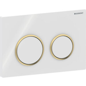 Geberit Omega20 bedieningspaneel, rond, 2-toets spoeling – Plaat, Toets: wit / Glanzend; Designring: goudkleurig / Glanzend – 115.085.KK.1