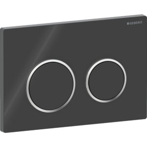 Geberit Omega20 bedieningspaneel, rond, 2-toets spoeling – Plaat, Toets: zwart / Glanzend; Designring: chroom / Glanzend – 115.085.KM.1