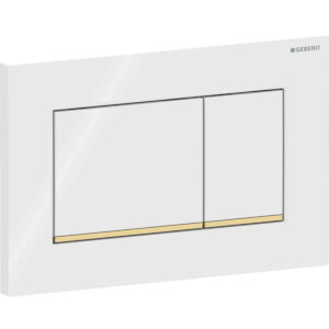 Geberit Sigma20 bedieningspaneel, hoekig, 2-toets spoeling – Plaat, Toets: wit / Glanzend; Designstrook: goudkleurig / Glanzend – 115.883.KK.1