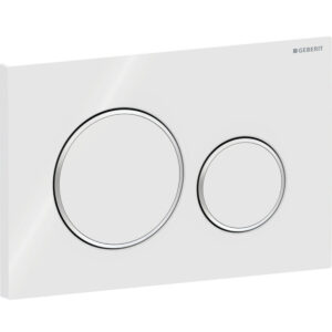 Geberit Sigma20 bedieningspaneel, rond, 2-toets spoeling – Plaat, Toets: wit / Glanzend; Designring: chroom / Glanzend – 115.882.KJ.1