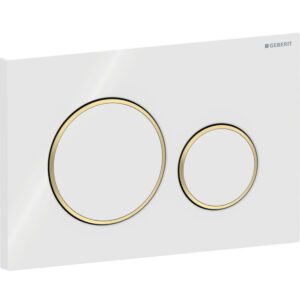 Geberit Sigma20 bedieningspaneel, rond, 2-toets spoeling – Plaat, Toets: wit / Glanzend; Designring: goudkleurig / Glanzend – 115.882.KK.1